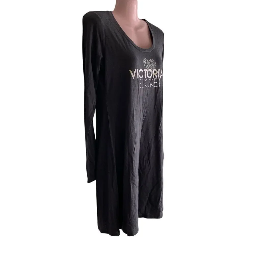 Victoria's Secret Sleepshirt Women's Small Gray Nightgown Logo Bling Cotton Knit